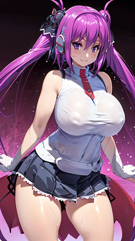 (anime,masterpiece, top quality, best quality),(impossible clothes:1.2),(super strong super huge gigantic breasts:1.2),1 girl,smile,twintails,purple hair,standing,(micro miniskirt),(wet cloth:1.2)