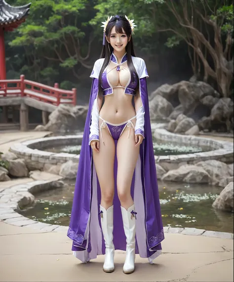 美麗的fantasy皇后, anime goddess, full body xianxia, ((美麗的fantasy皇后)), sweet smile，性感white bikini內衣，white bikini，high-cut underwear，high cut underwear，Long-legged girl，put on boots，White boots，huge breasts，Put on your hat, Chinese Hanfu，fantasy服装, Sha Xi, ((美麗的...