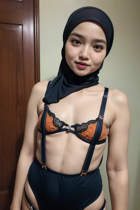 (WEARING SUSPENDER), ((Open mouth)), Naked singlet (((HIJAB MALAY GIRL))), masutepiece, High quality, UHD 32K, Realistic face, Realistic skin feeling , A Japanese Lady, 8 years old, , Very cute and baby-like face, (((FLAT CHEST))), (MATRIX WORLD), ((look I...