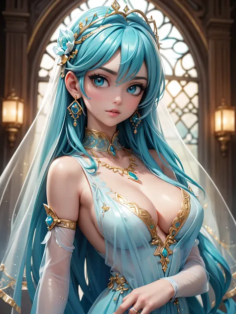 (best quality, high resolution, masterpiece:1.2), Super detailed, Beautiful and delicate lake green eyes, Beautiful and delicate lips, extremely detailed face, super long hair, 1 girl, Beautiful girl with aqua blue hair, Wearing a royal blue royal costume,...