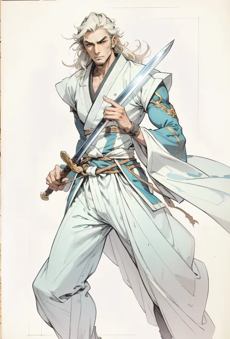 An adult man with long black hair, white-highlighted middle part bangs, thick wavy eyebrows, sharp almond-shaped eyes, well-defined features, a dignified expression, a black and white tight-fitting coat in a fantasy martial arts style, flowing wide sleeves...