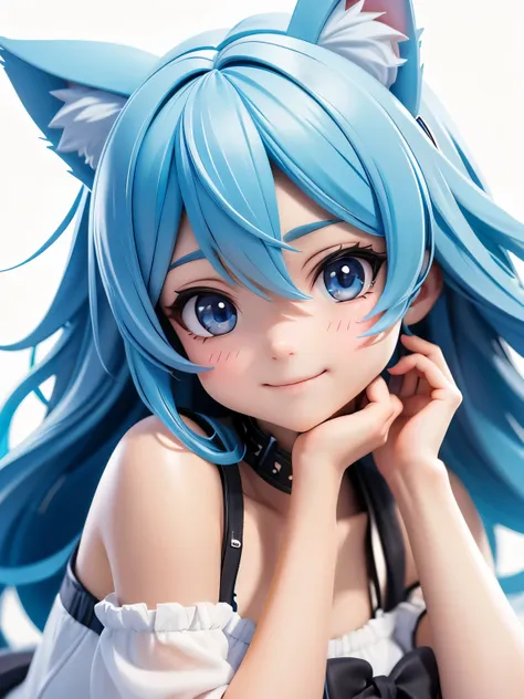 Girl with cat ears happy, cute-fine-face, anime. illustration, realistic shaded perfect face, bright smile, fine details ,blue hair