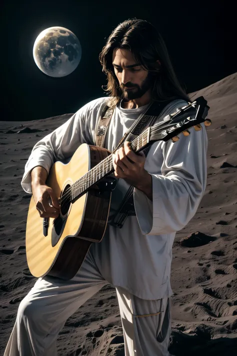 Jesus playing guiter on moon surface, earth in background