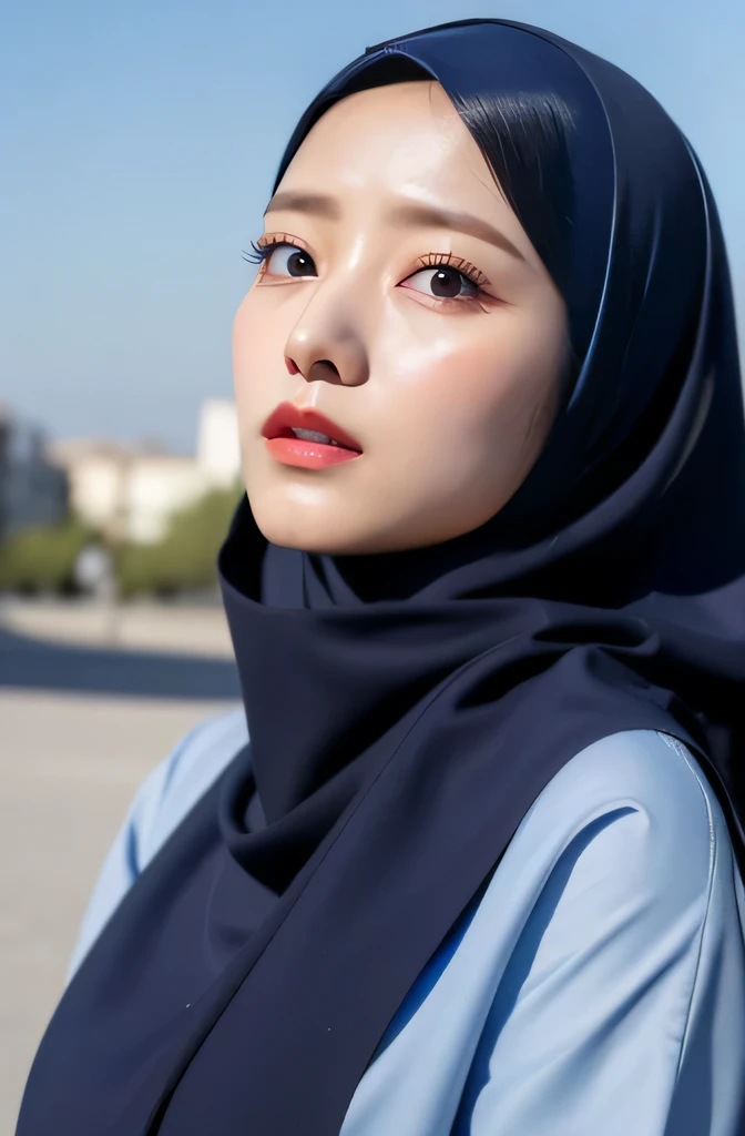 Wear hijab blue collor, ((Best quality, 8k, Masterpiece :1.37)), position:sitting, ( women in hijab), women in hijab blue, style model, ( women in hijab), beautiful face, Beautiful detailed eyes, Korean eyes, detail, Natural Lips, 18 year old girl, very de...