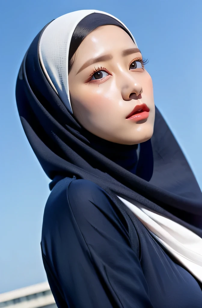Wear hijab blue collor, ((Best quality, 8k, Masterpiece :1.37)), position:sitting, ( women in hijab), women in hijab blue, style model, ( women in hijab), beautiful face, Beautiful detailed eyes, Korean eyes, detail, Natural Lips, 18 year old girl, very de...