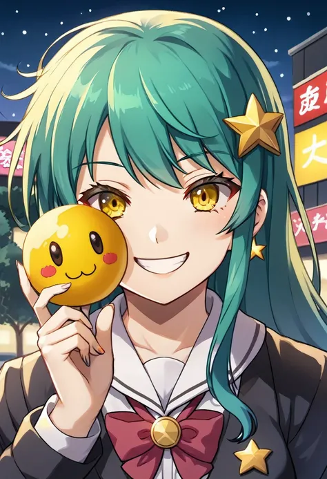 Girl with long dark turquoise hair, yellow eyes, yellow happy star pin in her hair, ((background: Tokyo at night))