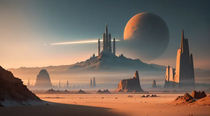 (Analog Style), Eschatological style wide angle, scifi future landscape, ((futuristic city in the distance)), (barren landscape with mountains similar to mars), (2 moons in the sky), beautiful clouds, haze:0.15, epic scenery, (cinematic), volumetric lighti...