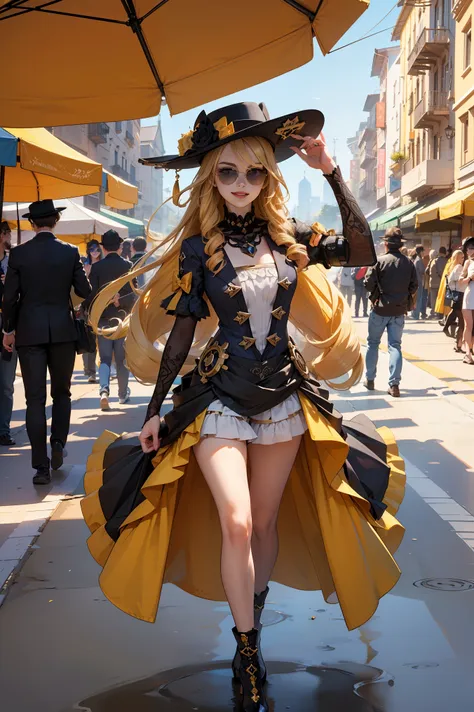 (hyper detailed background, top-quality、4k、wear a big hat、golden hair、wear sunglasses、touch your black sunglasses with your righ...