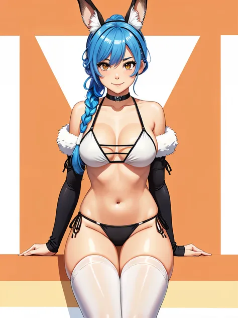 1girl,animal ear fluff,animal ears,arm support,bikini,blue hair,blush,braid,braided ponytail,breasts,closed mouth,from above,hair over shoulder,large breasts,long hair,long sleeves,looking to the side,mature female,multicolored hair,orange eyes,rabbit ears...