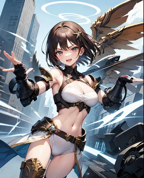 fantasy, 1angel_girl,(young_teen:1.5), ,brown_hair, medium_bob_hair, long_bangs, halo,bare_shoulder,thighhighs,silver_armor, waist_armor, large_breasts,angry,grinning,open_mouth_teeth, 1pair_wings, dynamic_pose_fighting,floating, bare_crotch, headgear,gaun...