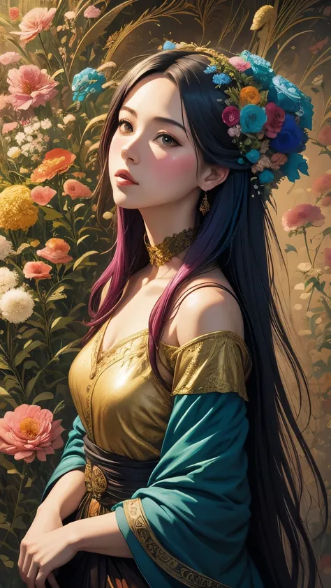 a drawing of a woman with flowers in her hair, a detailed drawing, by yoshihiko wada, fantasy art, el bosco and dan mumford, ill...