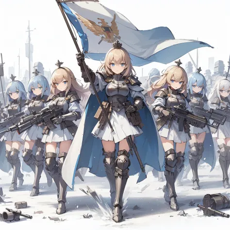 Masterpiece, best quality, ultra-detailed, anime style, full body of Imperial Guard Girls, Astra Militarum, battle group, squads, combat armor, raise up army war gear, raise up the flag, standing on battle ground, 8k high resolution, trending art station, ...