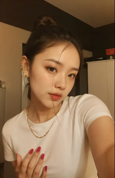 Asian girl wearing a white blouse, red nails and pink lips 