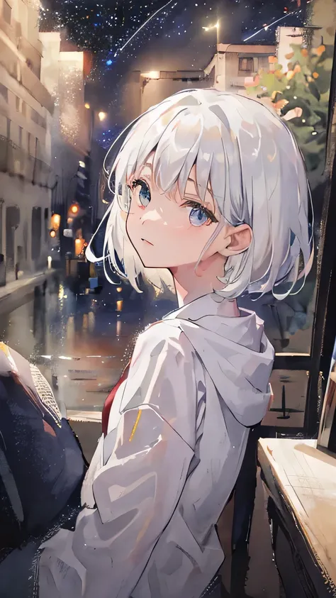 girl，white hair，short hair，Silver eyes，Sit and look back at me，Only the upper body is visible，beautiful starry sky