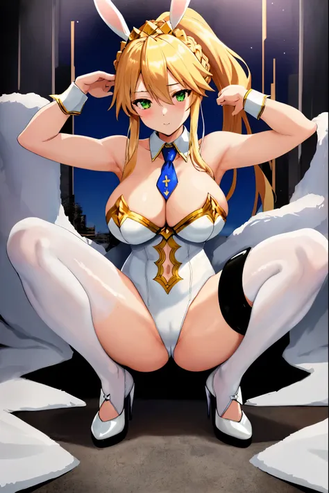 masterpiece, best quality, absurdres, looking at viewer, (light_smile:0.6),
1girl, ahoge, rabbit ears, playboy bunny, artoria pendragon (swimsuit ruler) (fate), large breasts , blonde hair, green eyes, french braid,  pony tail
bare shoulders, large breasts...