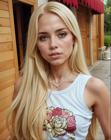 blond woman with long hair wearing a branco tank top and pearl necklace, Carolina Gariba, Sidney Sweeney, Victoria Gavrilenko, estilo de julia razumova, Aleksandra Waliszewska, Yulia Gorokhova, face like exposed ester, branco! top com estampa, Retrato de S...