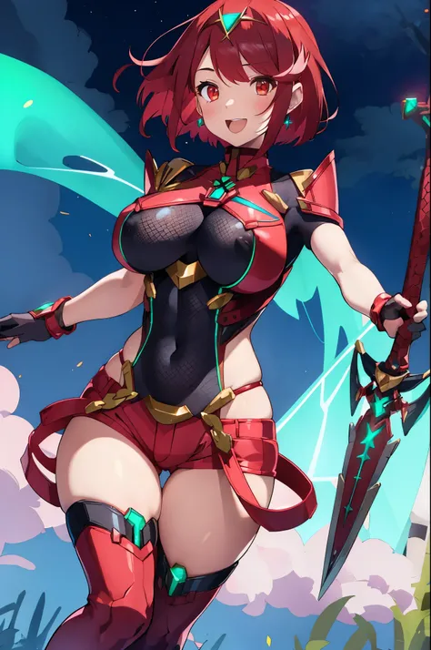 pyra (xenoblade), young_teen_1girl, armor, bangs, black gloves, breasts, red eyes, closed mouth, earrings, eyelashes, fingerless gloves, floating hair, framed breasts, gem, gloves, hair ornament, headpiece, jewelry, big_breasts, leaning back, leotard, neon...