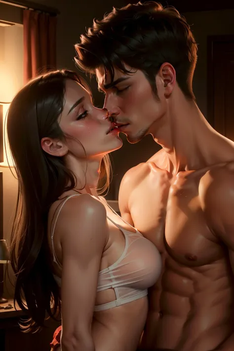 Young boy shirtless kissing woman wearing unbuttoned sheer white shirt and sexy red lingerie underneath, intense scene, dark room, one lamp, warm lighting, very erotic, sweaty, lustful, passionate, making out