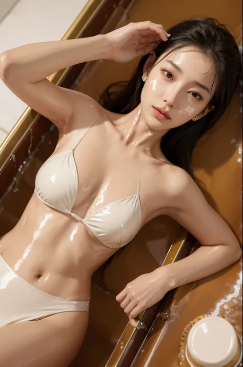 top quality、​masterpiece、超high resolution、(Realism:1.4)、original photo、1 girl、shiny skin、wet、drama writing、Whole BodyEsbian、Maikuro bikini、big breasts、shining lip: 1.4, (oily skin:1.8), (shining:1.6), Full body black rubber suit, Long glove, a lot of oil, ...