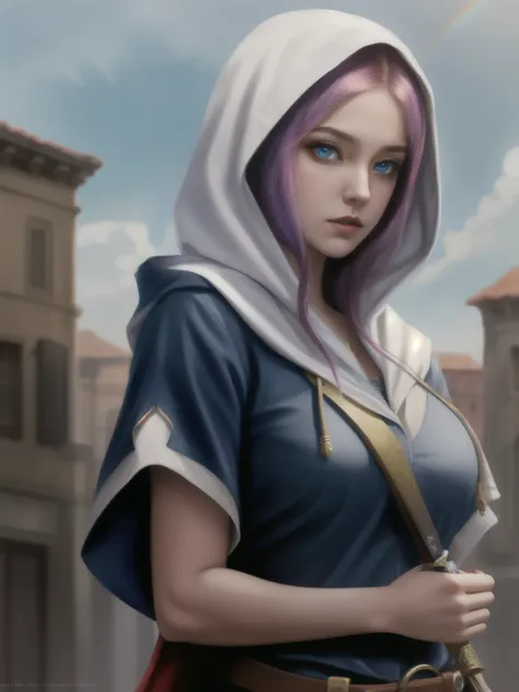 Upper body shot of Princess Zelda, rainbow hair, pale blue eyes, dressed as an Assassin from Assassins Creed, hood with gold details, XXXL bust, using a wrist blade. Background: A city during the renaissance period.