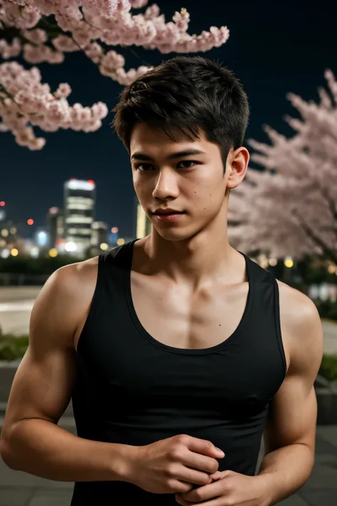 portrait of a 1 boy wearing a tight black tank top, front view, looking at camera, (smirk:0.65), (angry:0.3), cinematic shot on ...