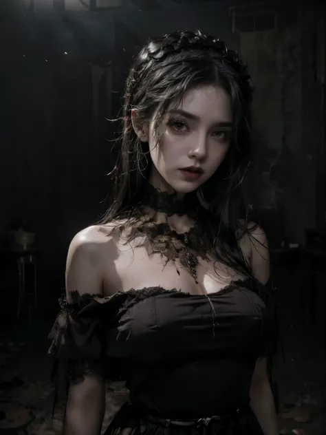 She looks gorgeous in a sheer knit dress that allows you to see her skin underneath the fabric, sheer gothic black dress with lace, Eyes oozing blood, mouth oozing blood, sexy vampire, face smeared with blood, hair smeared with blood, biting the neck of a ...