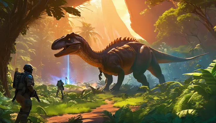 a group of people standing in front of a dinosaur, concept art, fantasy art, soldiers charging the enemy, pixar rendering, on a planet of lush foliage, radiation glow, movie promotional image, cosmic survival, splash screen, raptors, research station, Beep...