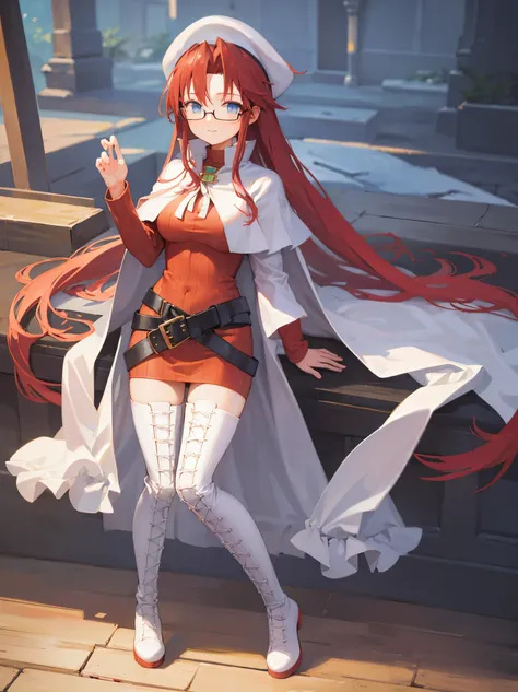 summonnightaty, aty, long hair, blue eyes, red hair, beret, hat, glasses,
BREAK long hair, thighhighs, hat, dress, boots, glasses, belt, cape, sweater, zettai ryouiki, beret, thigh boots, white footwear, ribbed sweater, loose belt,solo,
BREAK outdoors, fan...