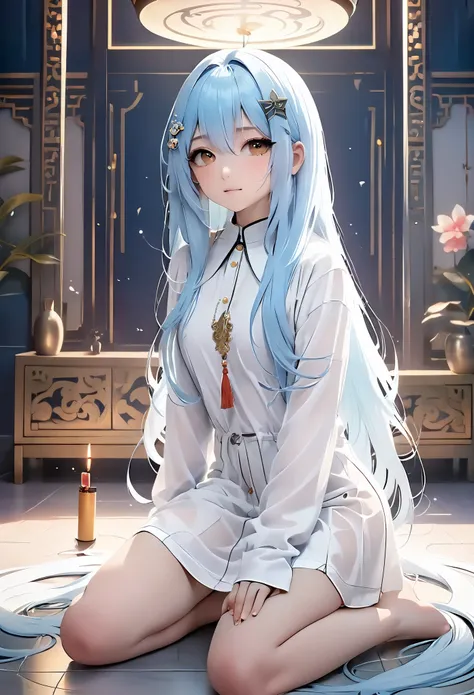 Beautiful and cold style, 18 years old, long light blue hair, wearing a sexy white outfit, seducing  room with incense, touching their private parts, waiting for the opportunity. 