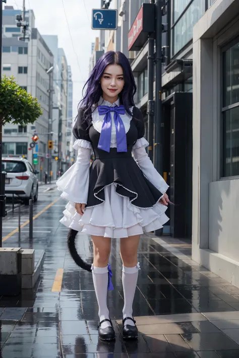 (1 lady), The beautiful, (Best quality at best:1.4), (ultra - detailed), (masterpiece),best quality, (extremely detailed CG unified 16k), frederica bernkastel,dress, tail bow, cat tail, bowtie, purple eyes, purple hair,mary janes, socks, blank eyes, empt...