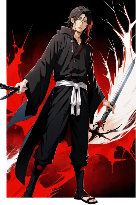 anime estilo manga , madara uchiha , cego de um olho , com espada , com faixa branca enrolada na cabeca , masculino 