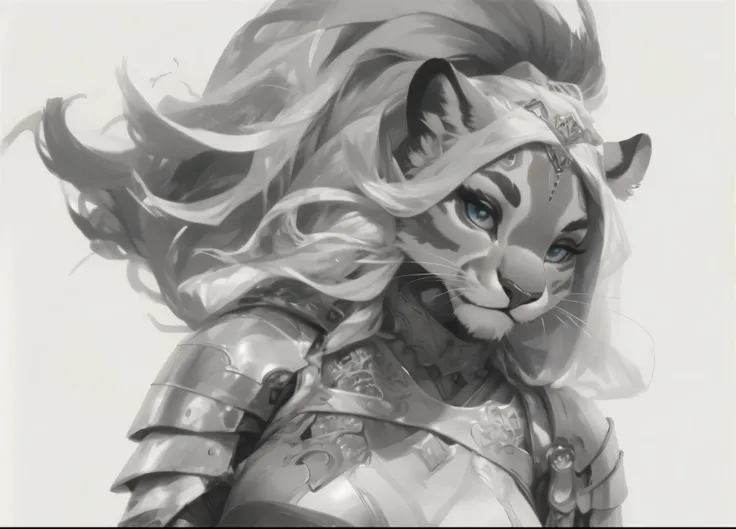 Half-liones furry  a half-feline face, hairy style, very sexy and seductive, she has the body and face of a lioness. and a light armor with the lower part only with a transparent cloth with one holding a mass with divine light coming from the painting she ...