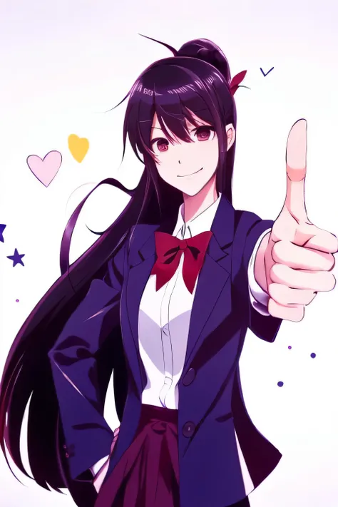 Beautiful girl in a suit pointing at the camera with a smile, bakemonogatari, yandere. tall,beautiful more artstyle, akane owari danganronpa, sankakucomplex anime image, marin kitagawa fanart, chiaki nanami from danganronpa, misato katsuragi, iwakura lain,...