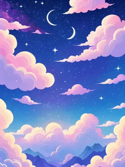 a painting of a crescent and stars in the sky, pixel art by Eva Frankfurther, tumblr, space art, dreamy night, detailed dreamscape, fluffy pink anime clouds, space clouds, anime clouds, anime background, beautiful iphone wallpaper, dreamy clouds, backgroun...