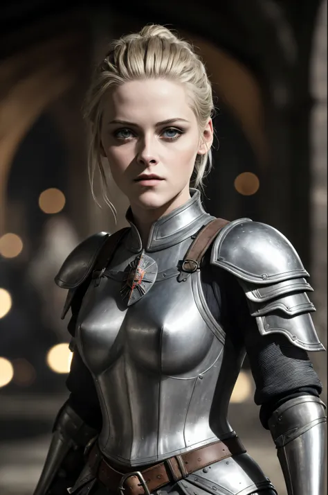 (Meisterwerk), (extrem kompliziert:1.3),, (realistisch), Portrait of Kirsten Stewart, The most beautiful in the world, (medieval armor), Metall-Reflexionen, upper body, al fresco, Intensive Sonneneinstrahlung, Weit entfernte Burg, Professionelles Foto von ...