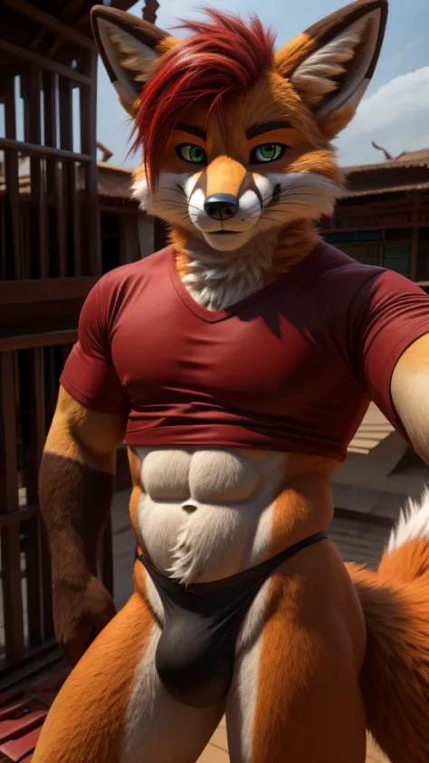 An adult male muscular Fox fursuit alone in Indonesia looking at the viewer orange fur green eyes posing for camera wearing a very sexy and tight G-string red hair and a red t-shirt 