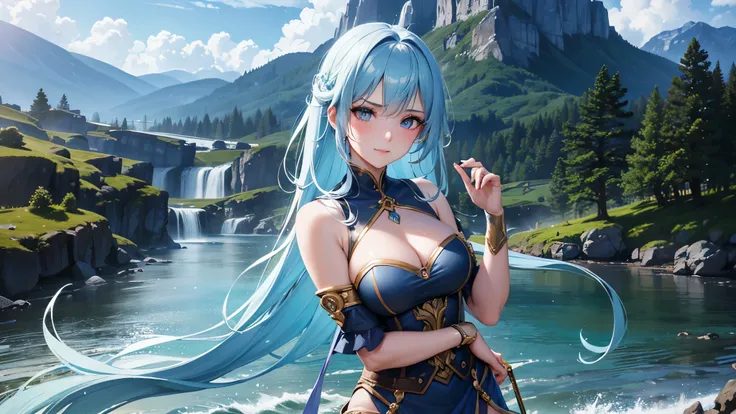 (best quality,4k,8k,highres,masterpiece:1.2),ultra-detailed,(realistic,photorealistic,photo-realistic:1.37),intense blue hair,blushing cute girl in a sexy dress,warrior,standing tall and confident,mountain landscape,serene and majestic,with cascading water...