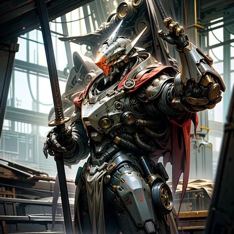 In the heart of a gritty Dark_Fantasy, Cyberpunk world, a lone figure clad in a worn-out mech suit with intricately detailed, rusty steel metal armor, emerges from the shadows. With a clear focus and an air of determination, the cybernetic guardian wields ...