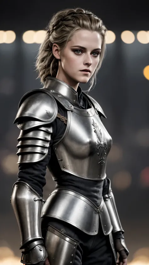 (Meisterwerk), (extrem kompliziert:1.3),, (realistisch), Portrait of Kirsten Stewart, The most beautiful in the world, (medieval armor), Metall-Reflexionen, upper body, al fresco, Intensive Sonneneinstrahlung, Weit entfernte Burg, Professionelles Foto von ...