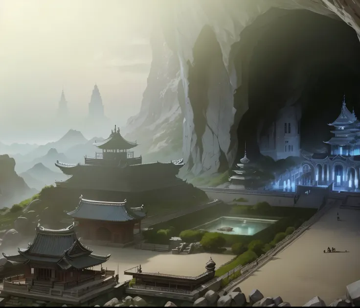 cave, korean palace, dungeon, rocks, city, dark, darkness, anime