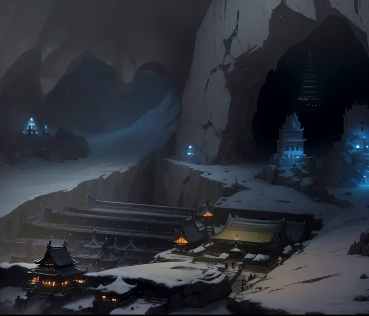 cave, korean palace, dungeon, rocks, city, dark, darkness, anime