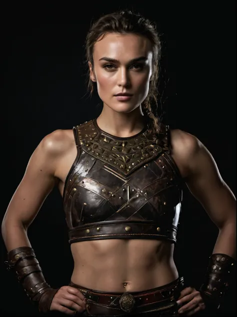 Looks like Keira Knightley, a portrait of a female warrior, stout, muscular body, full body shot, with piercing eyes, detailed face, high details, photography, dark studio, rim light, leica mp, noctilux 50mm, f/1.0