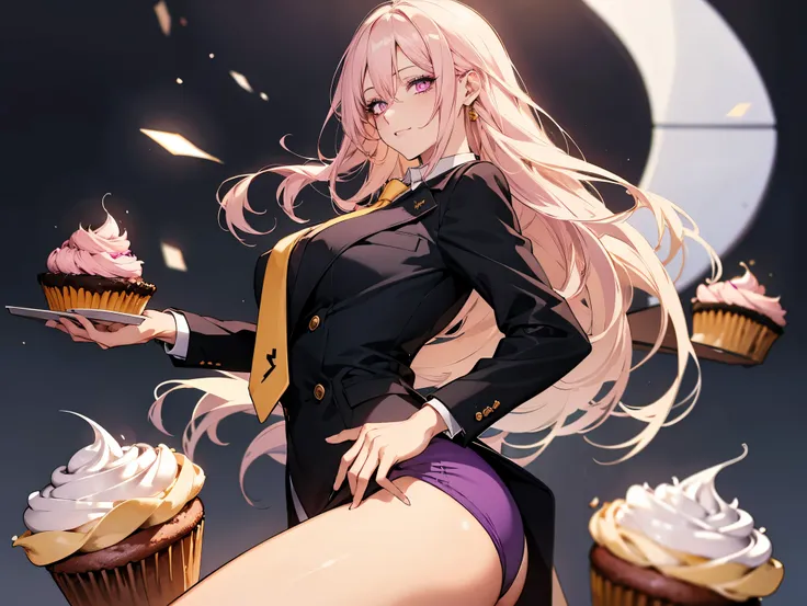 1 female, teacher, wearing a black suit, light purple tie, bootyshorts, Thicc, yellow hair, long hair, light pink eyes, face to detail, detailed eyes, the background is a pizzeria, happy, Holding a pink cupcake