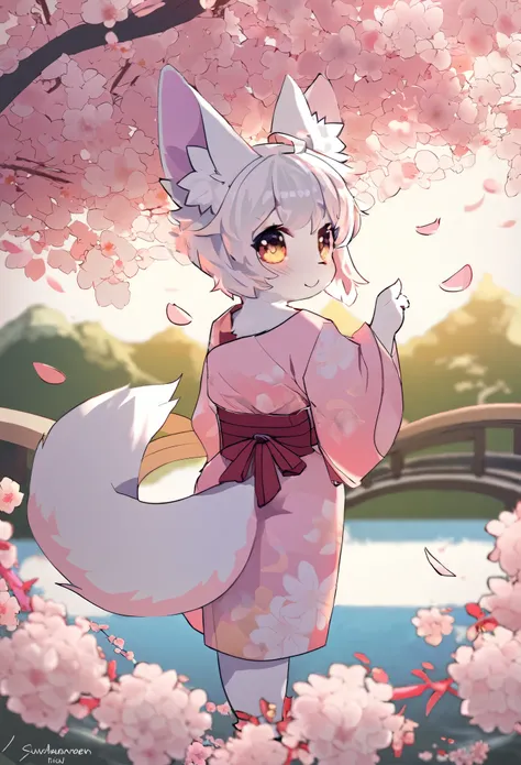 masterpiece, shuimobysim, badashanren, Shukezouma, kimono, The cherry tree, cherry blossoms dancing in the wind(super cute 1girl, solo, kemono, furry anthro)(animal ear, animal tail),