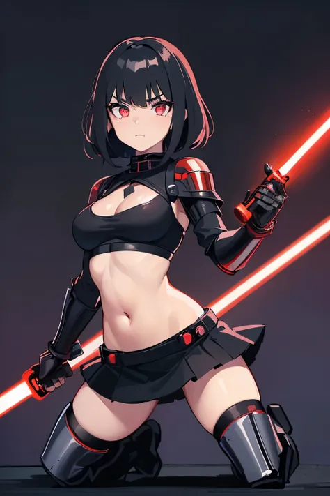 (Female Darth Vader:1.1), cute face, (red light saber:1.2), (black crop top:1.1) and (miniskirt:1.1), (tiny armour plate:1.2), (spaceship beckground:1.1), (micro panel on top:1.1), (detailed hand and finger:1.1), full body in frame, (fit tonned stomach), m...