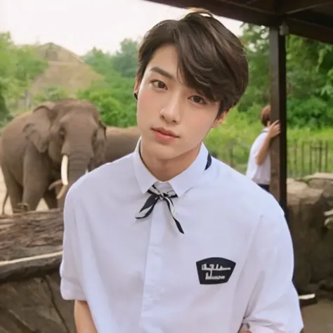 there is a man with a tie standing in front of an elephant, Jungkook, cai xukun, taejune kim, Uniforme JK, handsome androgynous prince, muito bonito, delicate androgynous prince, hyung tae, extremamente bonito, sha xi, Jung Jaehyun, Jinyoung Shin, fotos of...