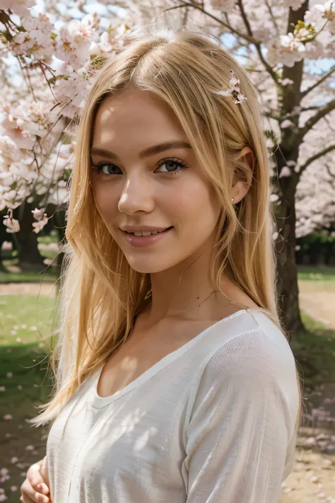 model, casual outfit, total body, in cherry blossom field, blonde hair, sexy smile, UHD, textured skin