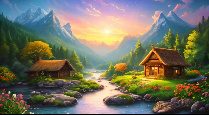 There is a hut under the big tree, beside of the stream, two boat in the water, mountain background, , flowers beside fence, masterpiece, best quality, high quality, extremely detailed CG unity 8k wallpaper, An enchanting and dreamy scene of a fantasy fore...