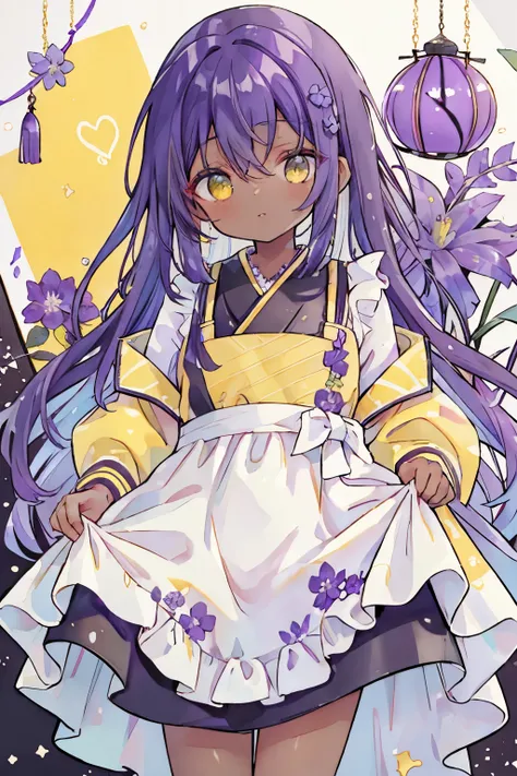 young woman, dark skin, purple hair, square, bangs cover the eye, purple flowers in hair, Yellow eyes, a green dress, dress with yellow elements, white apron
