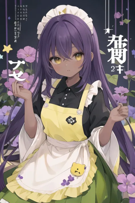 young woman, dark skin, purple hair, square, bangs cover the eye, purple flowers in hair, Yellow eyes, a green dress, dress with yellow elements, white apron
